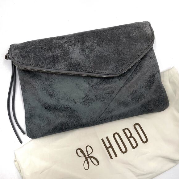 HOBO Jessa Envelope Clutch Bag Grey Buffed Leather Convertible Shoulder Strap - Picture 1 of 10